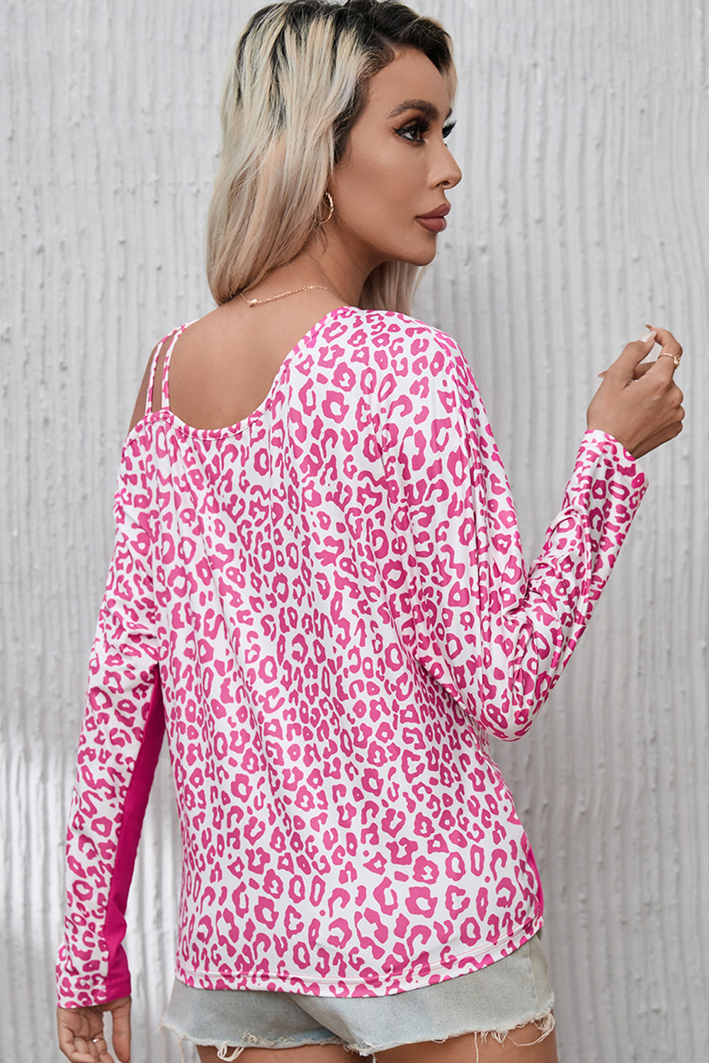 Pink Half Leopard Print Drawstring Knit Romper