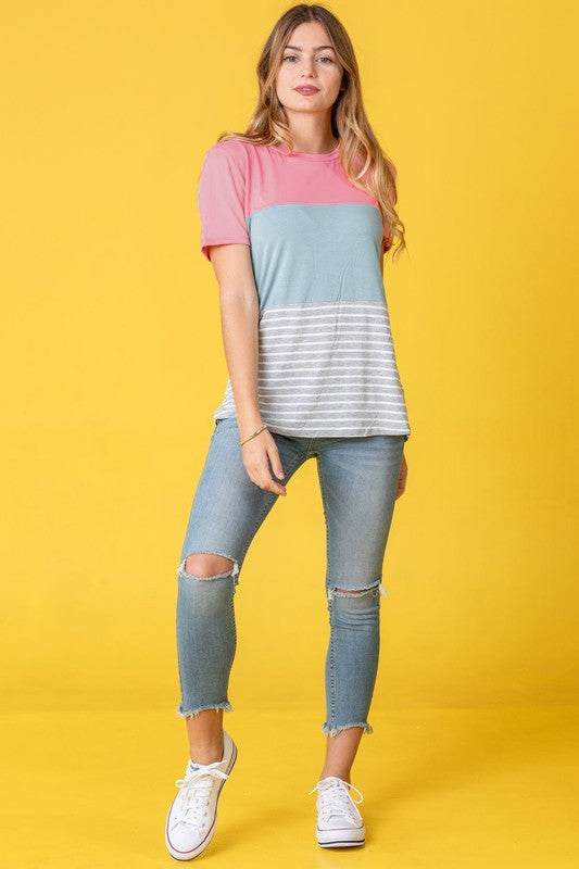 Sage Coral Black & Grey Stripe Lavender Top