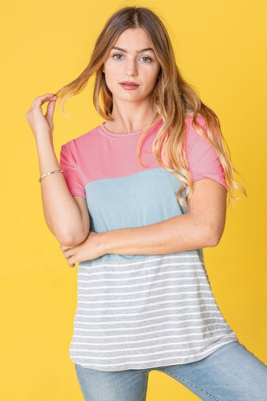 Sage Coral Black & Grey Stripe Lavender Top