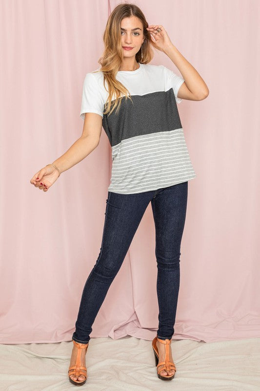 Sage Coral Black & Grey Stripe Lavender Top