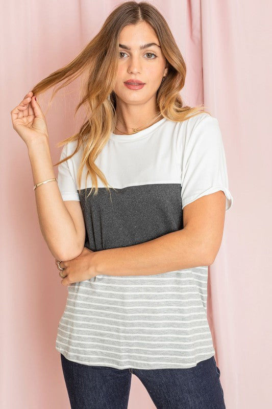 Sage Coral Black & Grey Stripe Lavender Top