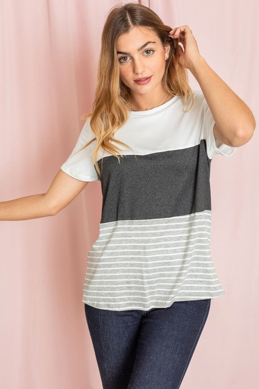 Sage Coral Black & Grey Stripe Lavender Top