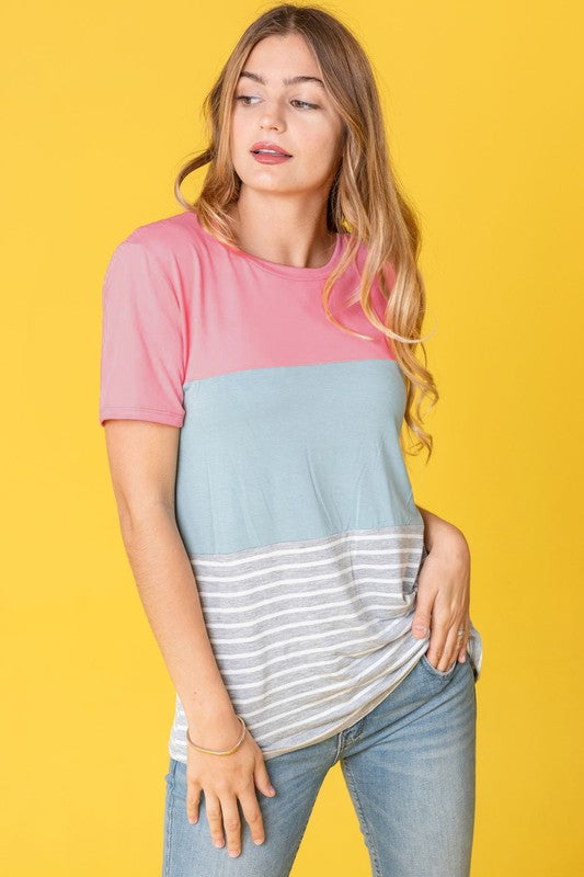 Sage Coral Black & Grey Stripe Lavender Top