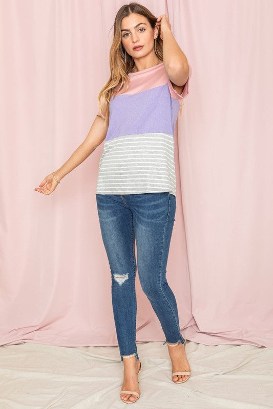 Sage Coral Black & Grey Stripe Lavender Top