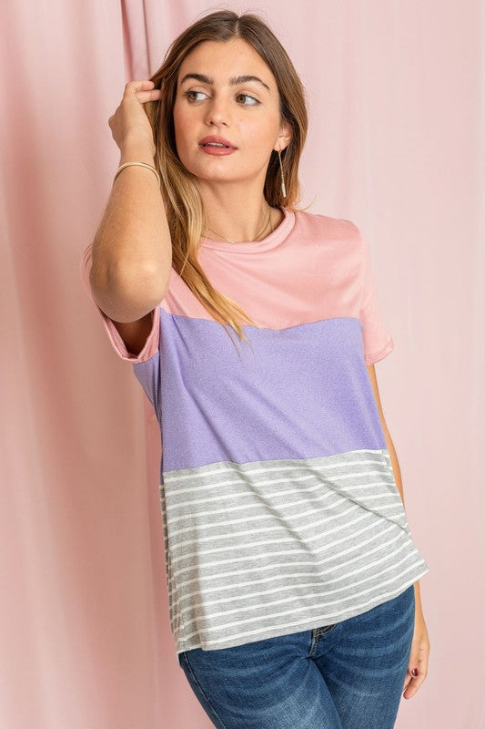 Sage Coral Black & Grey Stripe Lavender Top