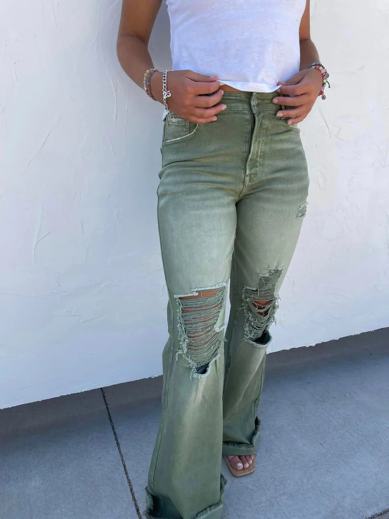 Olive Colored Distressed Jeans - front view