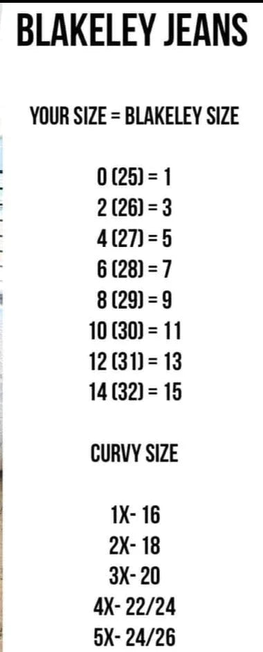 Blakeley Jeans Sizing Chart