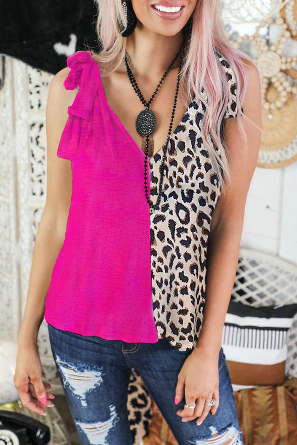 Pink Half Leopard Print Drawstring Knit Romper