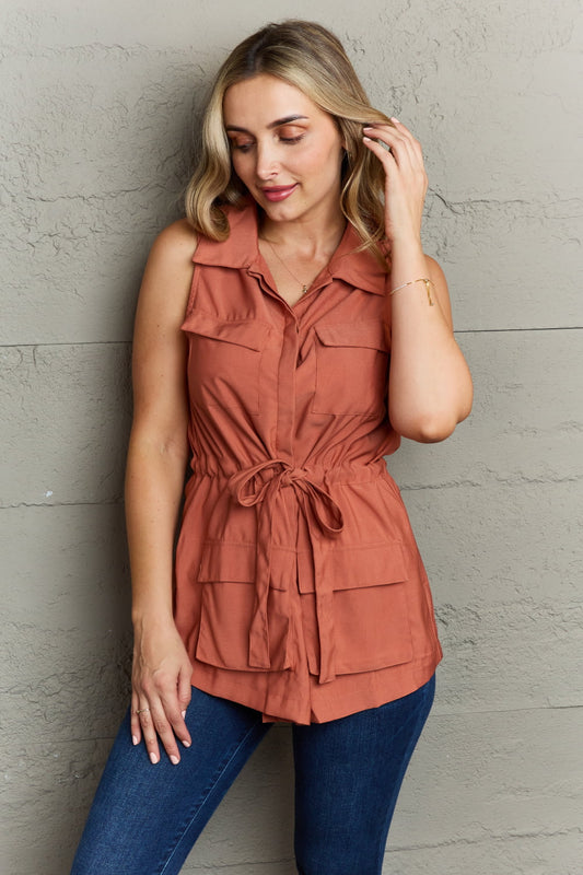 Ninexis Sleeveless Collared Button Down Top