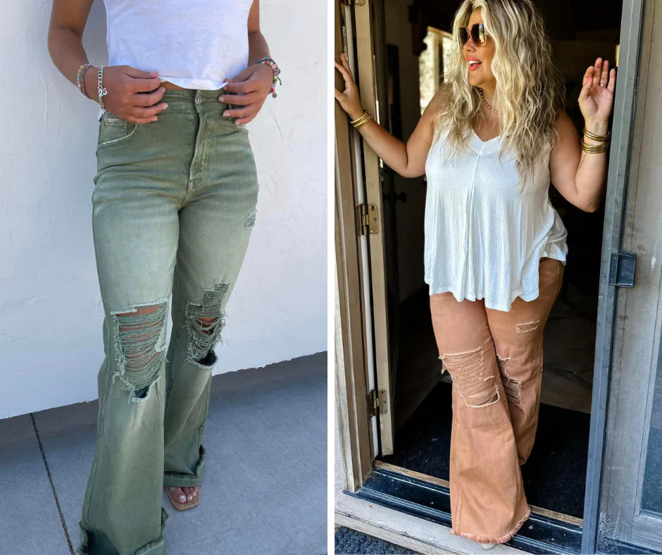 2 Women pictured in Distressed Jeans (Olive or Camel)