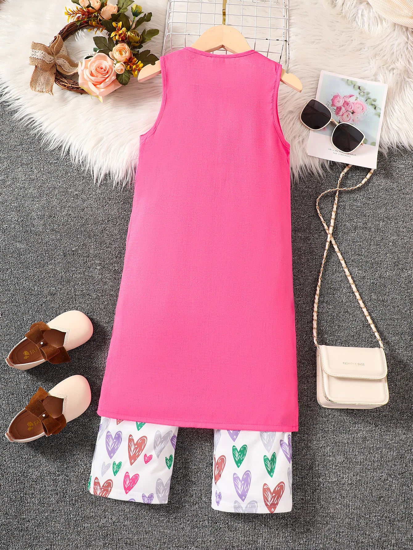 2PC Sleeveless Heart-Printed Jumpsuit