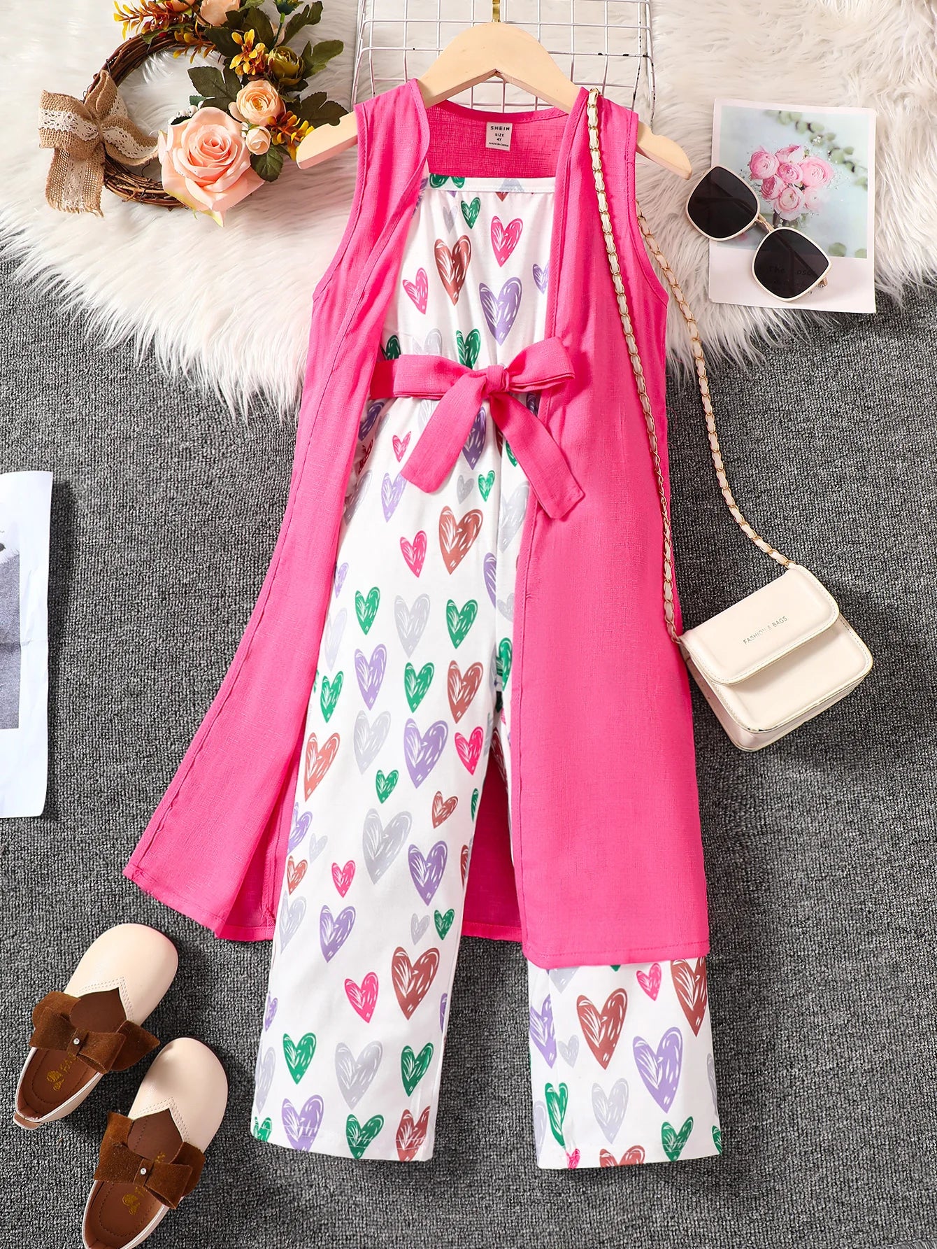 2PC Sleeveless Heart-Printed Jumpsuit