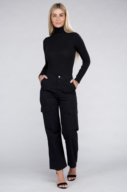 Pocketed Cargo Pants in Black - front view