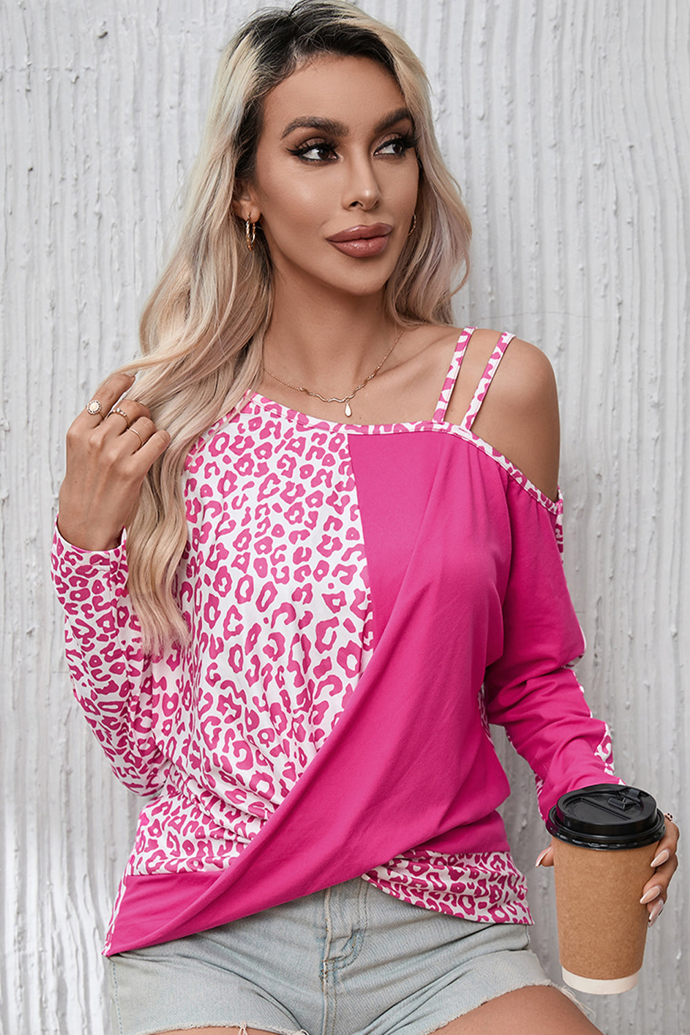 Pink Half Leopard Print Drawstring Knit Romper