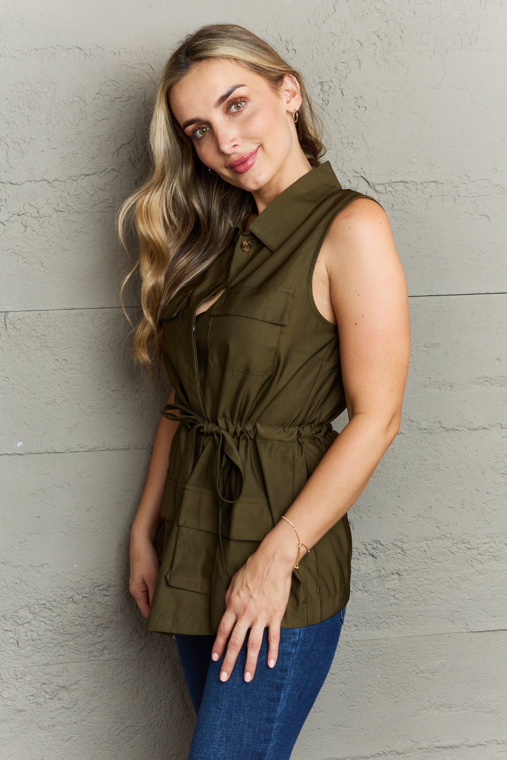 Ninexis Sleeveless Collared Button Down Top