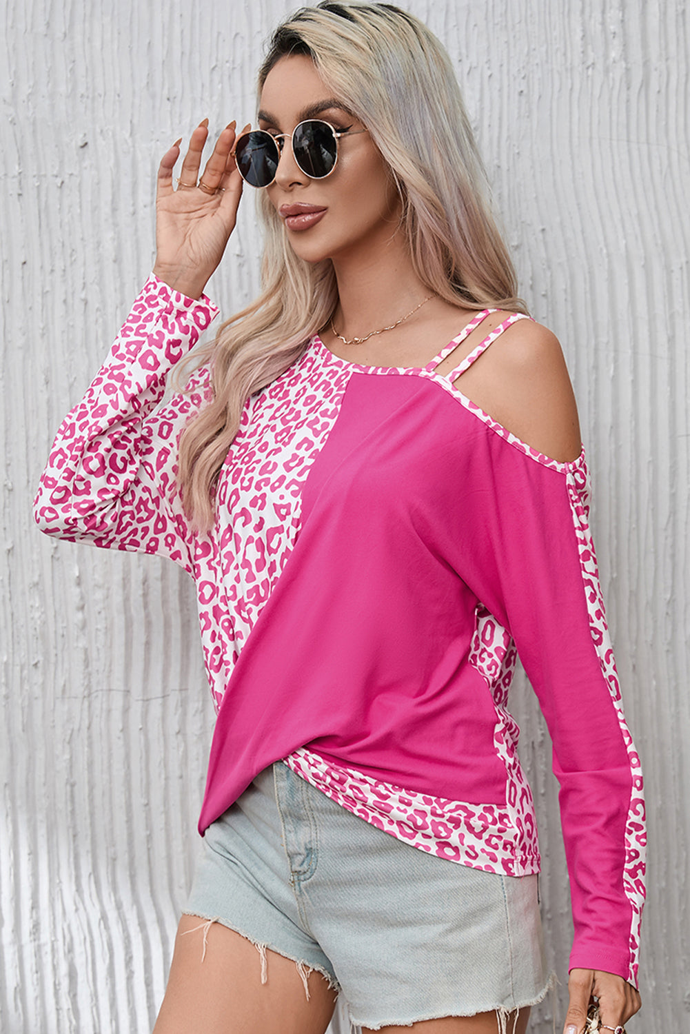 Pink Half Leopard Print Drawstring Knit Romper