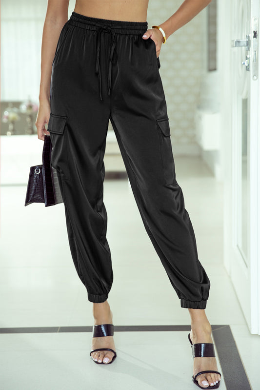 Rose Satin Drawstring Elastic Waist Pants