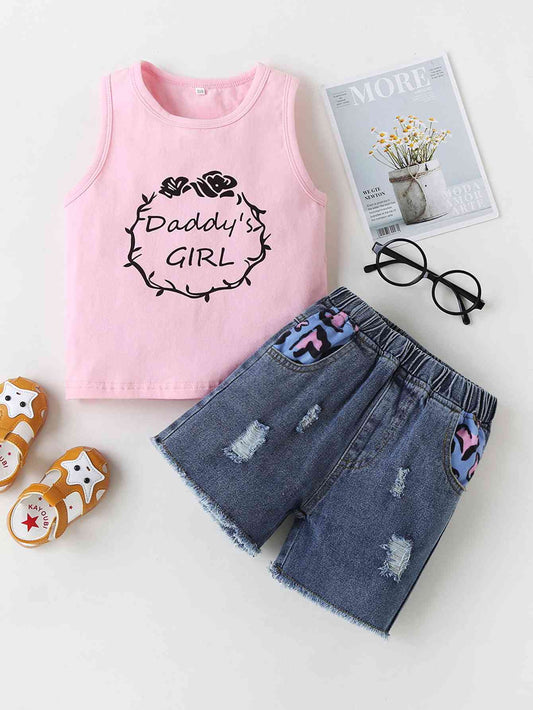 DADDY'S GIRL Graphic Tank and Raw Hem Denim Shorts Set