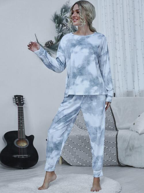 Tie-dye Round Neck Top and Drawstring Pants Set