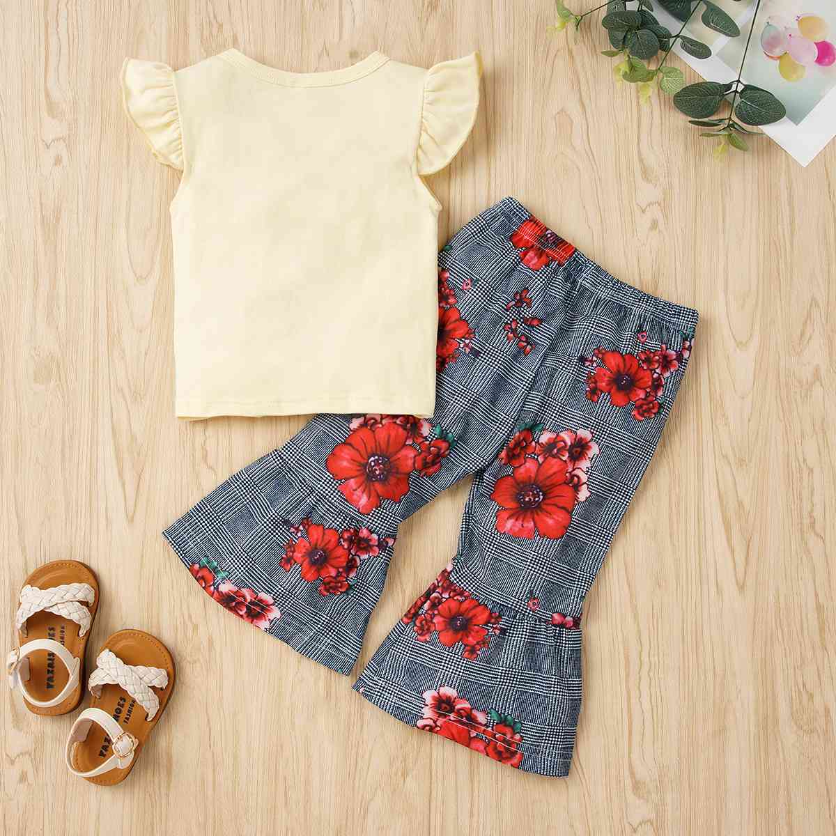 Graphic Tie Hem Top and Floral Flare Pants Set