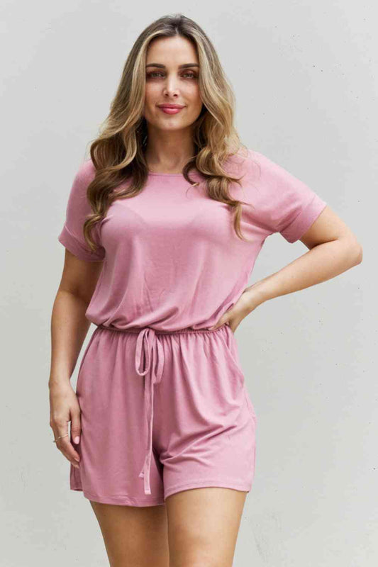 Zenana Short Sleeve Romper in Light Carnation Pink