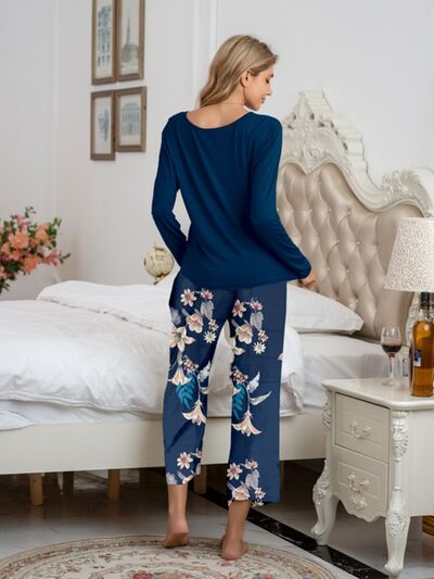 Solid Top and Printed Pants Set