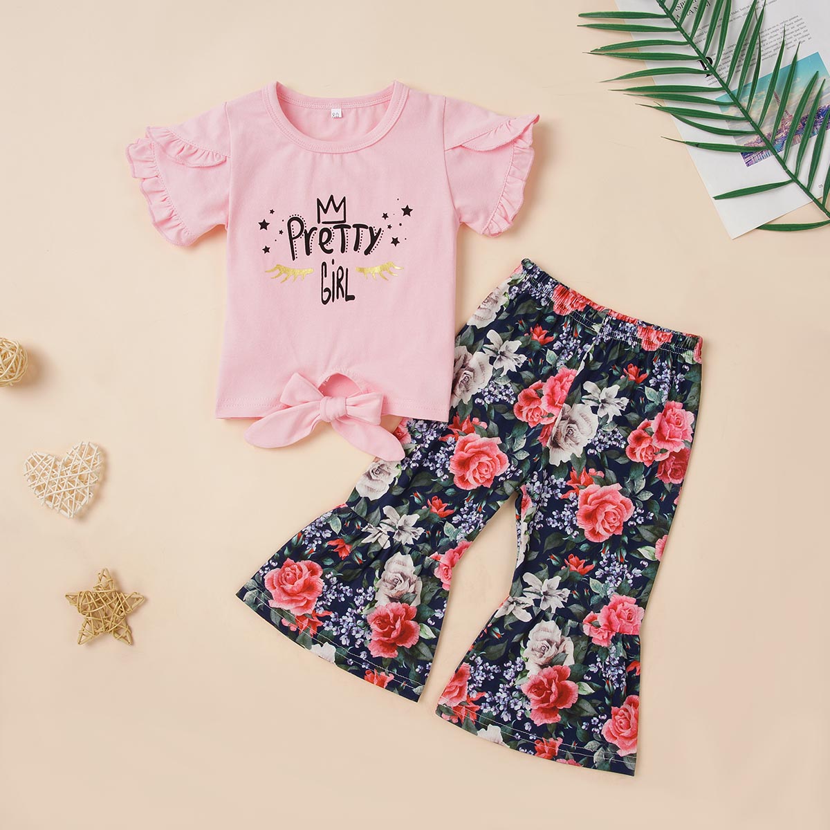 PRETTY GIRL Graphic T-Shirt and Floral Print Pants Set