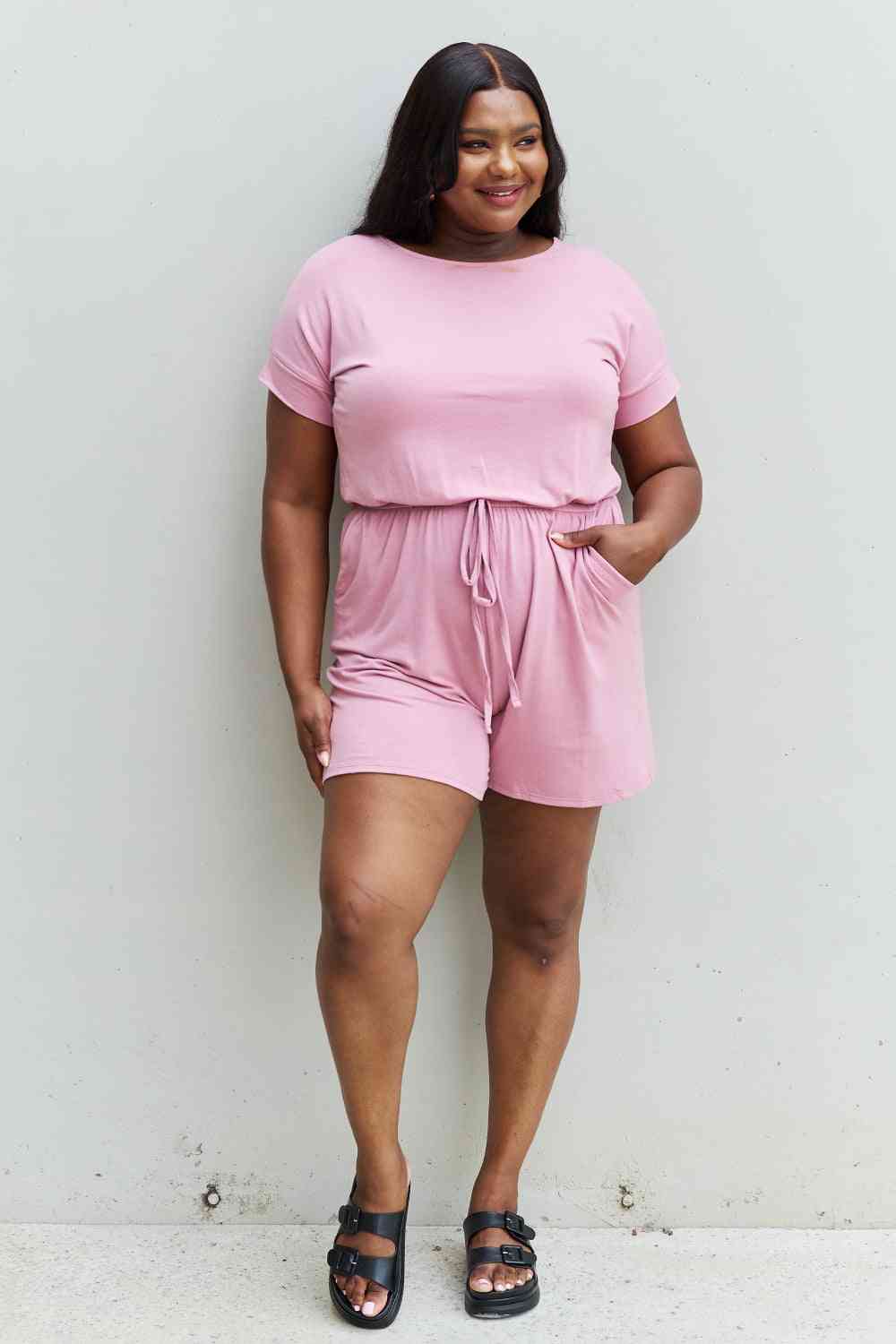 Zenana Short Sleeve Romper in Light Carnation Pink