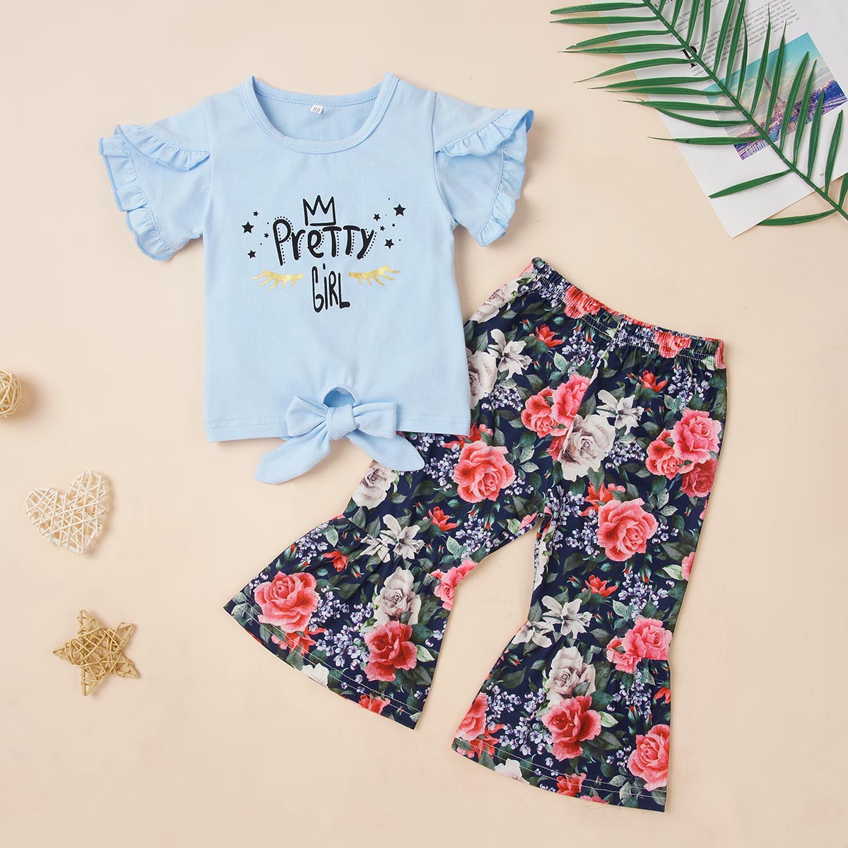 PRETTY GIRL Graphic T-Shirt and Floral Print Pants Set