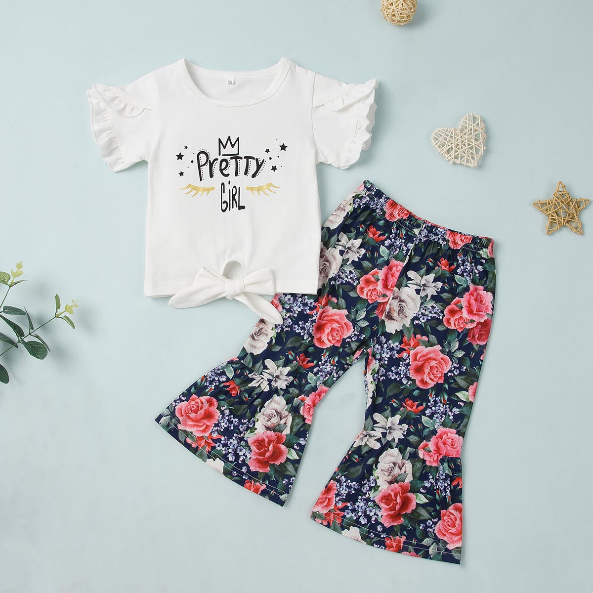 PRETTY GIRL Graphic T-Shirt and Floral Print Pants Set