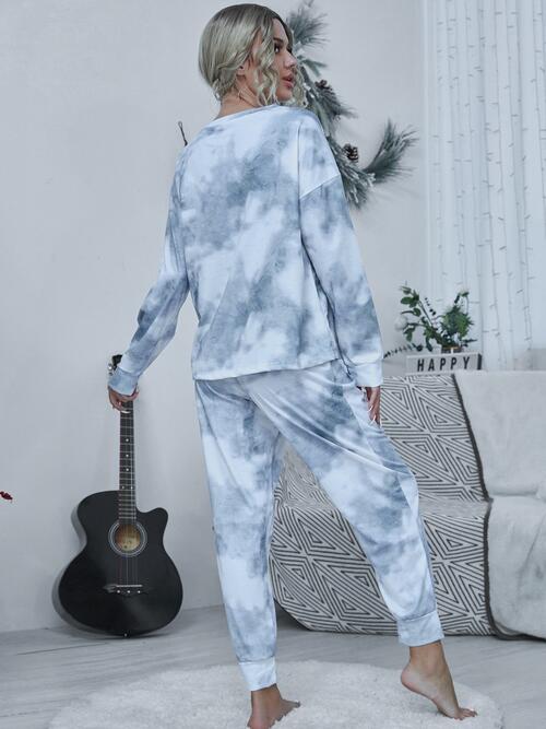 Tie-dye Round Neck Top and Drawstring Pants Set