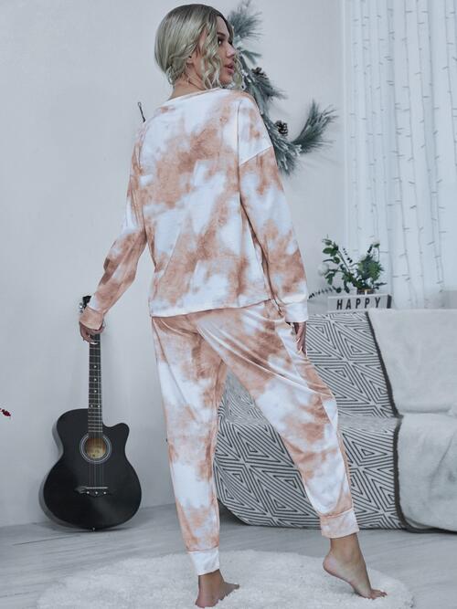 Tie-dye Round Neck Top and Drawstring Pants Set