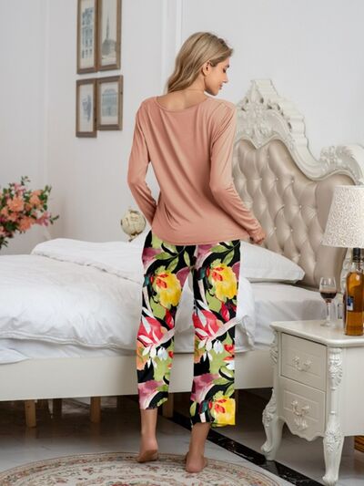 Solid Top and Printed Pants Set