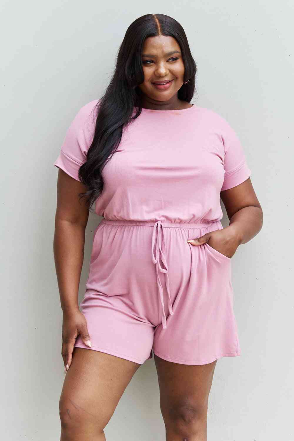 Zenana Short Sleeve Romper in Light Carnation Pink