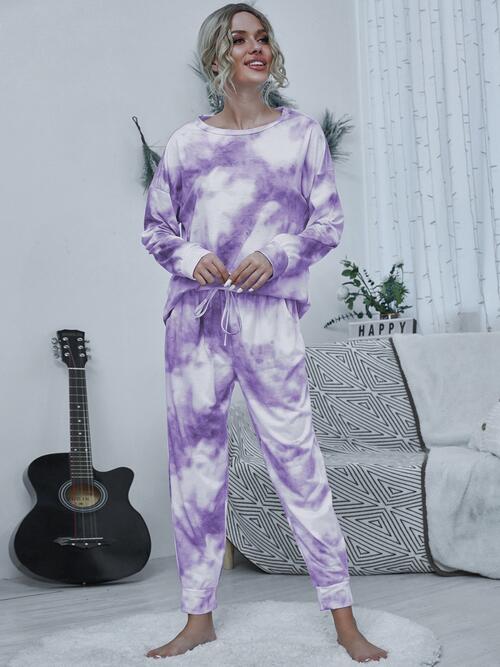 Tie-dye Round Neck Top and Drawstring Pants Set