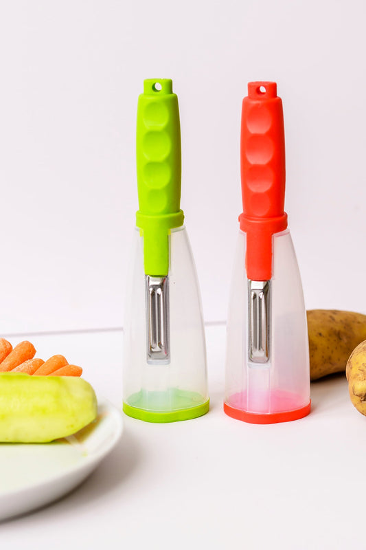 Fruit and Veggie Peeler Set. One with an orange handle. One with a lime green handle.