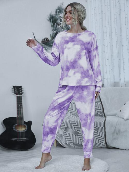 Tie-dye Round Neck Top and Drawstring Pants Set