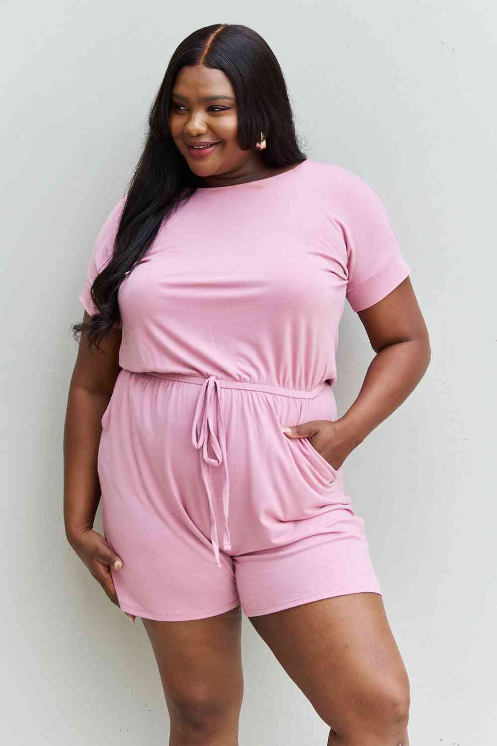 Zenana Short Sleeve Romper in Light Carnation Pink