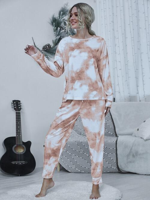 Tie-dye Round Neck Top and Drawstring Pants Set