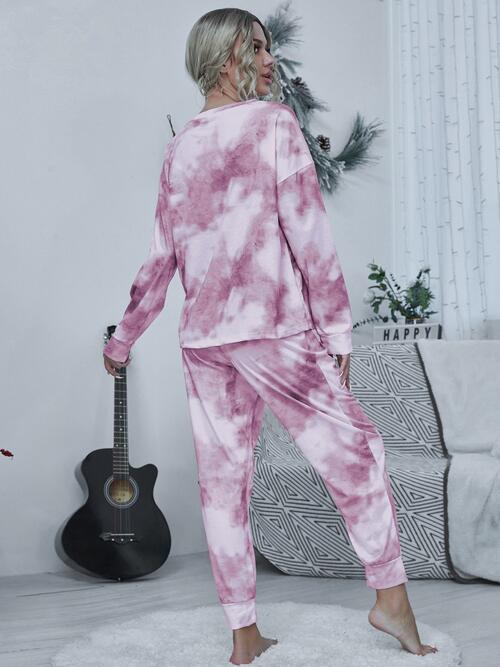 Tie-dye Round Neck Top and Drawstring Pants Set