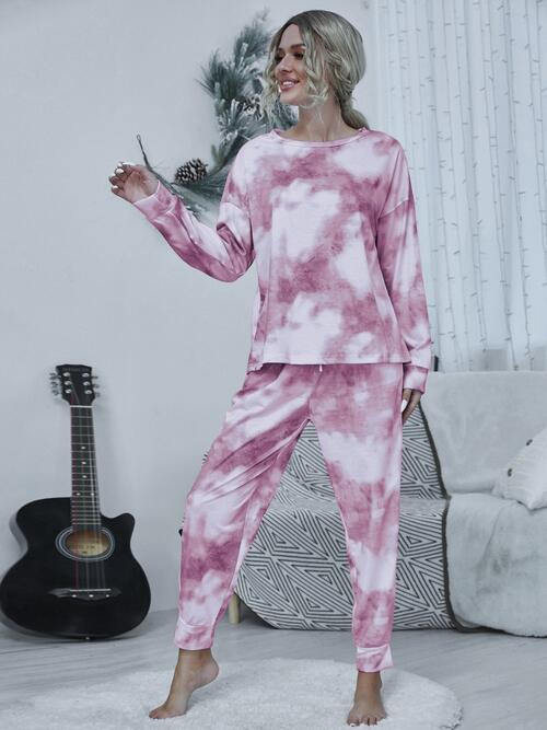 Tie-dye Round Neck Top and Drawstring Pants Set