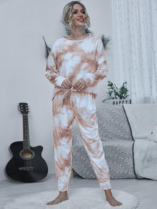 Tie-dye Round Neck Top and Drawstring Pants Set