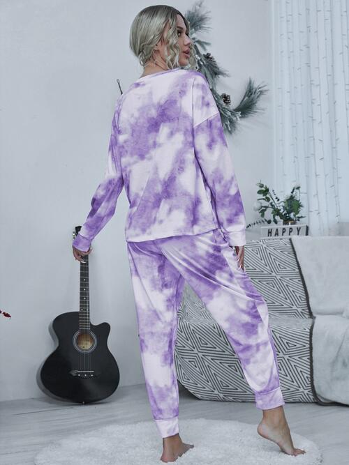 Tie-dye Round Neck Top and Drawstring Pants Set